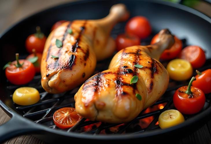 Grilled Chicken Legs and Vegetables on the Grill Pan